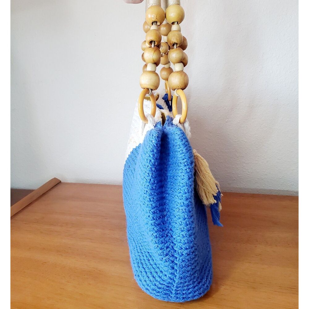 Handmade Knit Crochet Purse Hand Bag Summer Blue White Casual Beach Tiki - Picture 4 of 12